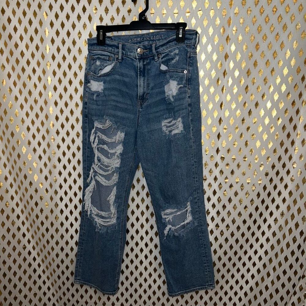 American Eagle jeans super distressed baggy pants straight boyfriend size 8